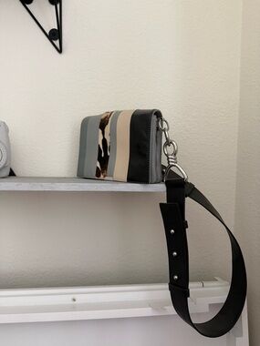 Striped Leather Crossbody with Cowhide Accent - Gray, Black, Beige